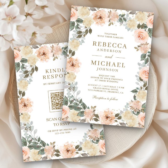 Convites Rustic Dusty Peach Floral Código QR Casamento (Criador carregado)