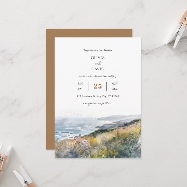 Convites Rustic Dusty Windy Bluff Ocean View Casação na pra (Frente/Verso In Situ)