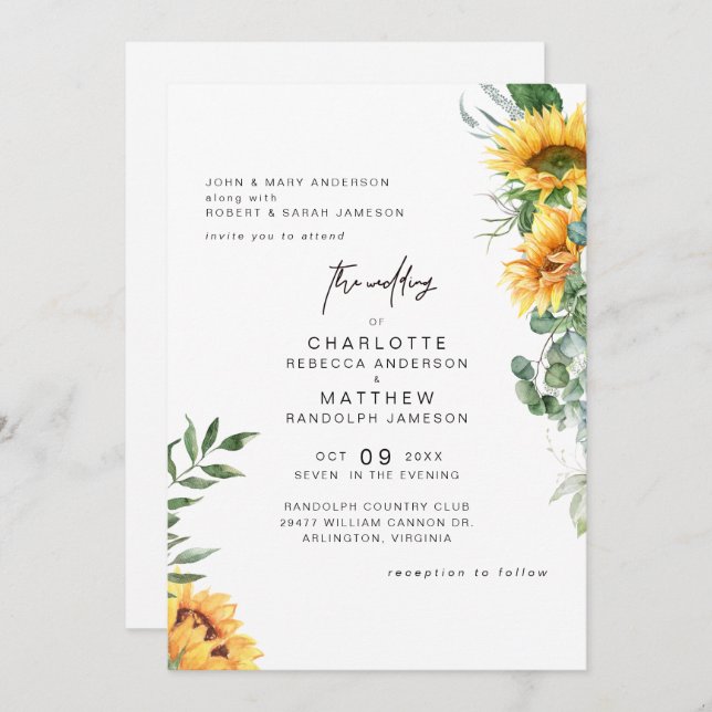 Convites Rustic Elegance Sunflower em Bloom Wedding (Frente/Verso)