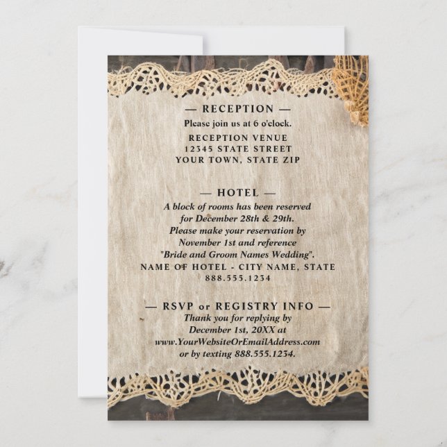 Convites Rustic Elegance Wedding Burlap Lace Barnwood (Verso)
