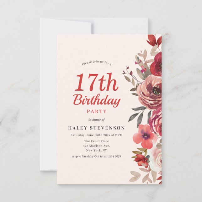 Convites Rustic Elegant Boho Chic Floral 17th Birthday (Frente)