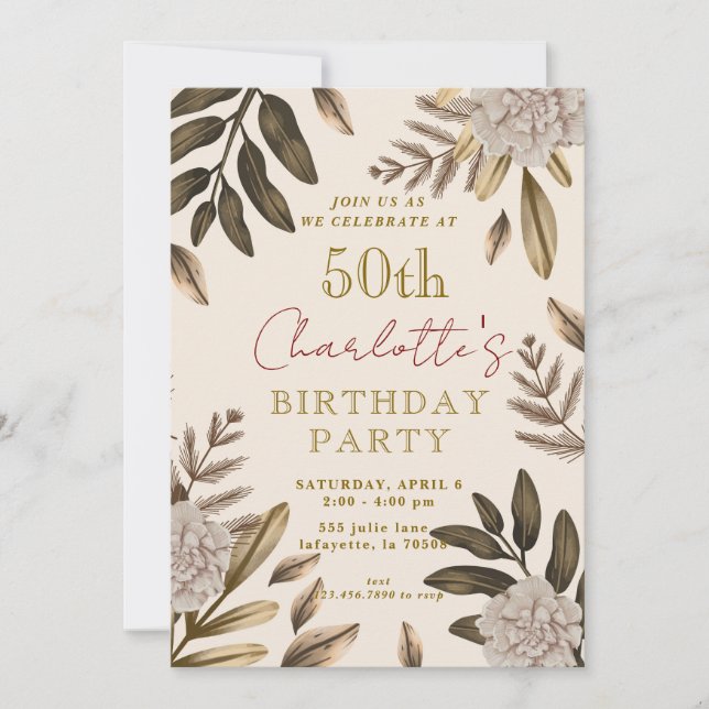 Convites Rustic Elegant Floral 50th Birthday Invtions (Frente)