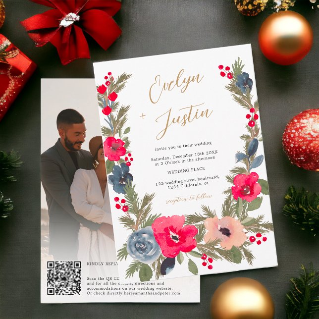 Convites Rustic Elegant Winter Floral Photo code (Rustic Elegant Winter Floral photo Qr code Wedding Invitation)