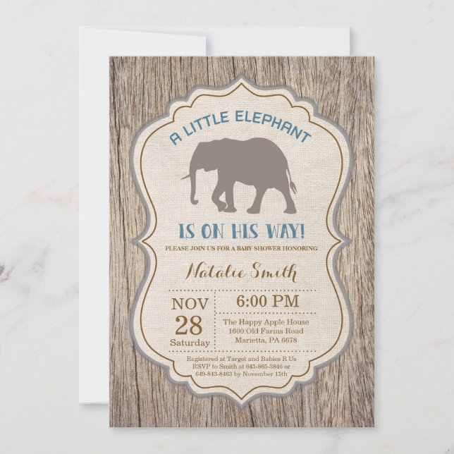 Convites Rustic Elephant Chá de fraldas Invitation Boy (Frente)