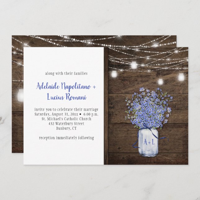 Convites Rustic Esquece-Me Nozes Mason Jar String Luzes (Frente/Verso)