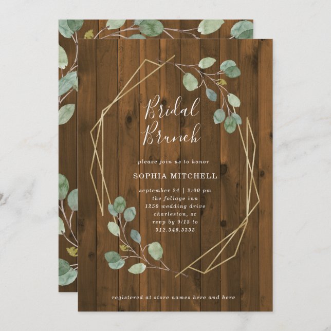 Convites Rustic Eucalyptus | Brunch Geométrico Bridal (Frente/Verso)