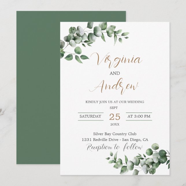 Convites Rustic Eucalyptus Deixa Casamento Verde (Frente/Verso)