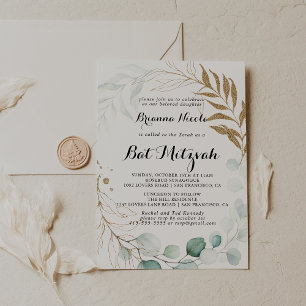 Convites Rustic Eucalyptus Dourado Calliografia Bat Mitzvah