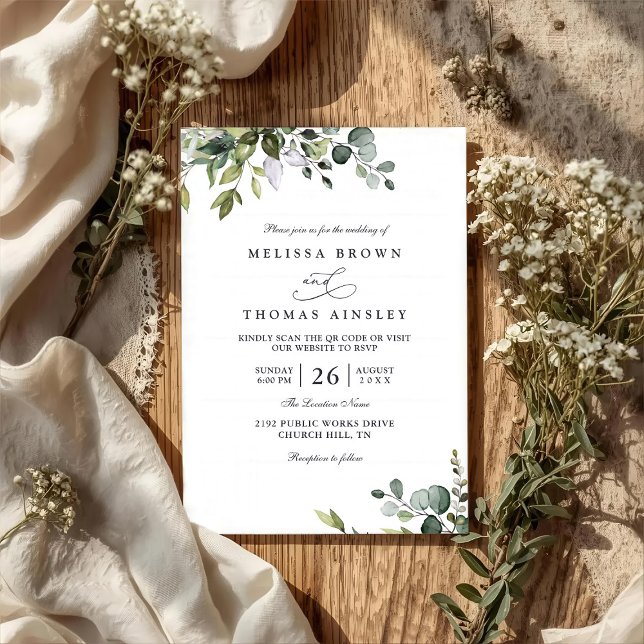 Convites Rustic Eucalyptus Leaves Greenery QR Code Wedding (Criador carregado)
