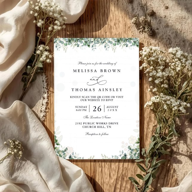 Convites Rustic Eucalyptus Leaves Greenery QR Code Wedding (Criador carregado)