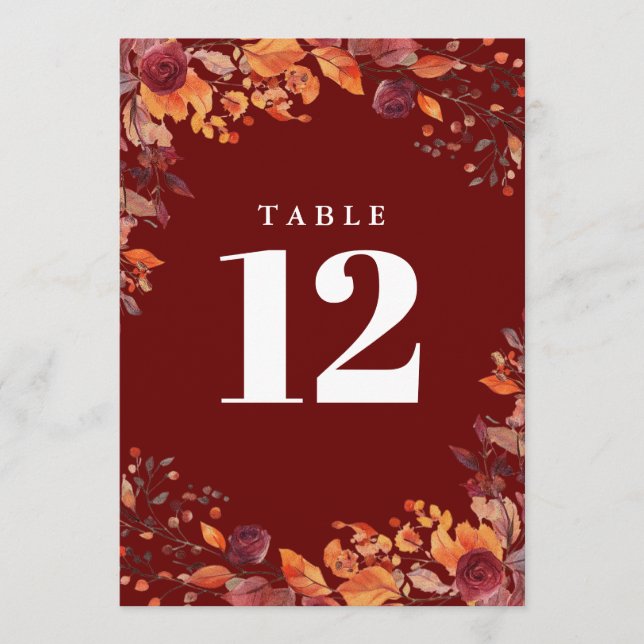 Convites Rustic Fall Autumn Floral Burgundy Table Number (Frente)