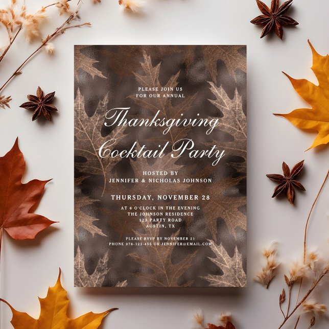 Convites Rustic Fall Deixa o Partido Cocktail de Ação de Gr (Rustic Fall Leaves Thanksgiving Cocktail Party Invitation)