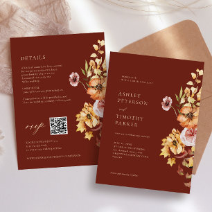 Convites Rustic Fall Floral Boho Maroon Weding QR