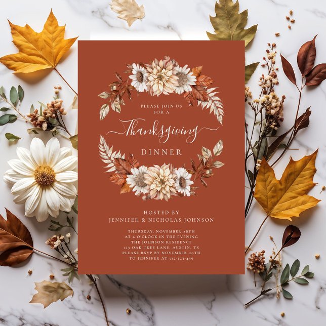 Convites Rustic Fall Floral Sai Janto de Ação de Graças (Rustic Fall Floral Leaves Thanksgiving Dinner Invitation)