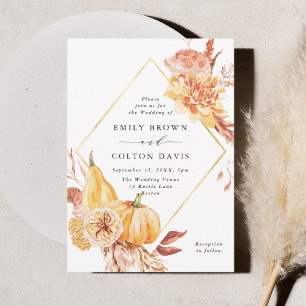 Convites Rustic Fall Gold Floral Pumpkin Wedding