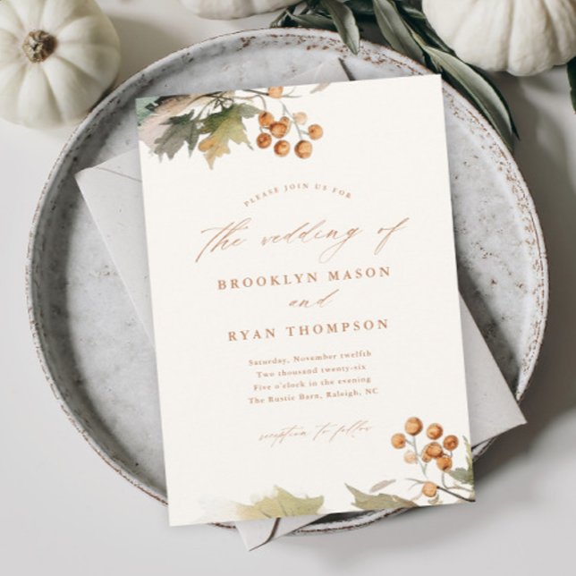 Convites Rustic Fall Greenery Deixa Casamento Foliar (An elegant and rustic fall wedding invitation with watercolor greenery leaves and foliage.)