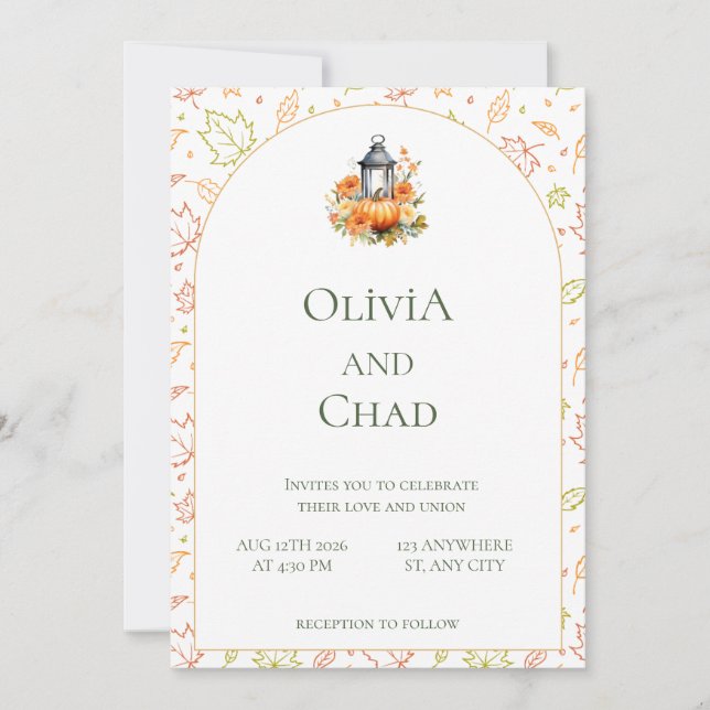 Convites Rustic Fall Lantern and Pumpkin Wedding Invitation (Frente)