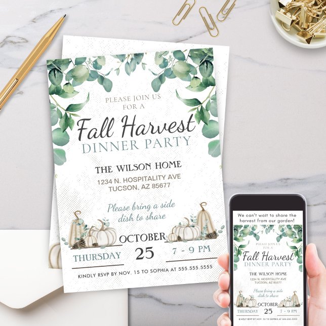 Convites Rustic Fall Pumpkin Greenery Partido Janto (Elegant Simple Rustic Charm Fall Autumn White Pumpkin Greenery Dinner Party Thanksgiving Invitation)