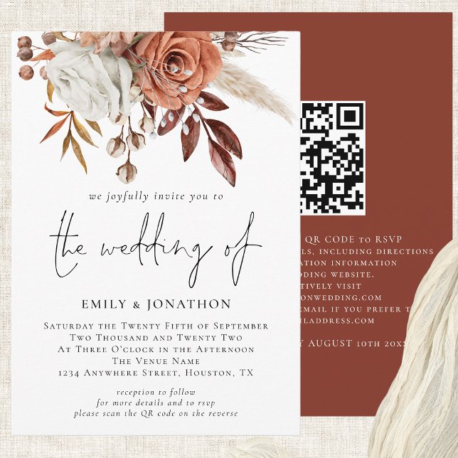 Convites Rustic Fall Terracotta Florals Código QR Casamento (Square Corner-choose from 6 corner/edge styles & 12 paper types.)