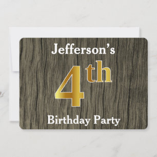 Convites Rustic, Faux Dourado 4th Birthday Party; Nome Pers