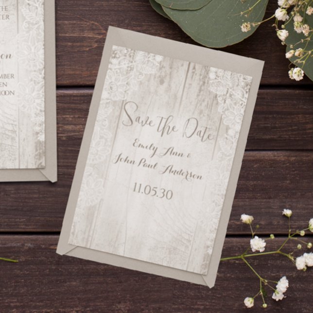 Convites Rustic Faux Lace Barn Wood Casamento Salve a Data (Criador carregado)
