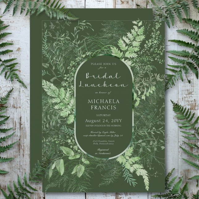 Convites Rustic Fern Green Foliage Emerald Bridal Luncheon (Rustic Fern Green Foliage Emerald Bridal Luncheon Invitation)