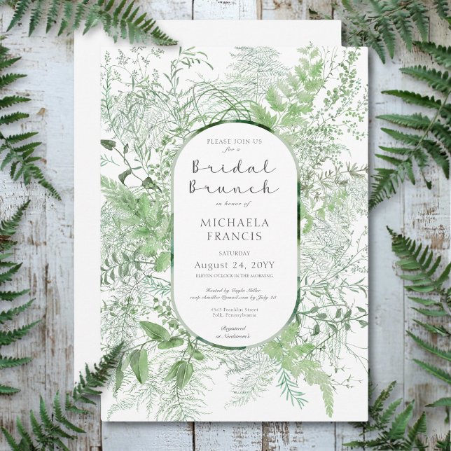 Convites Rustic Fern Green Foliage White Bridal Brunch (Rustic Fern Green Foliage White Bridal Brunch Invitation)