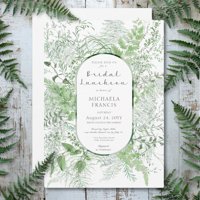 Convites Rustic Fern Green Foliage White Bridal Luncheon (Rustic Fern Green Foliage White Bridal Luncheon Invitation)