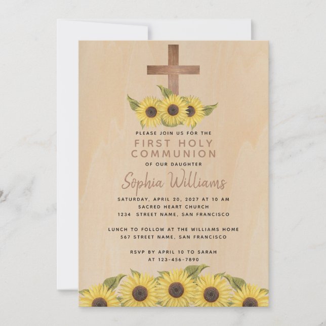 Convites Rustic First Communtic Wood Cross Sunflower (Frente)
