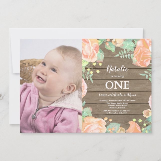 Convites Rustic First primeiro aniversario Invitation Peach (Frente)