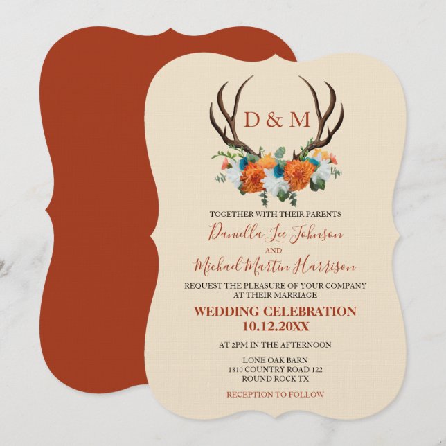 Convites Rustic Floral Antlers BOHO Wedding (Frente/Verso)