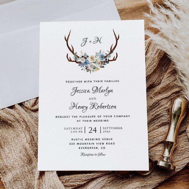 Convites Rustic Floral Antlers Elegant Wedding (Criador carregado)