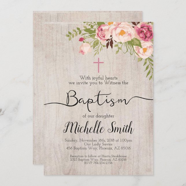 Convites Rustic Floral Country Script Boho Baptism (Frente/Verso)