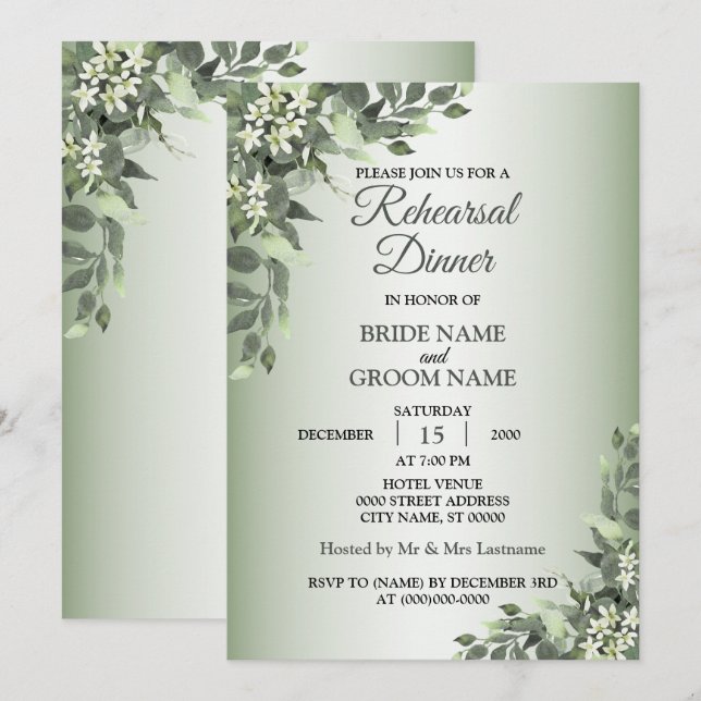 Convites Rustic Floral Greenery Leaves Rehearsal Dinner (Frente/Verso)