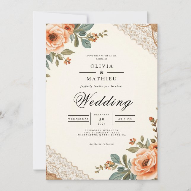 Convites Rustic Floral Lace Wedding (Frente)