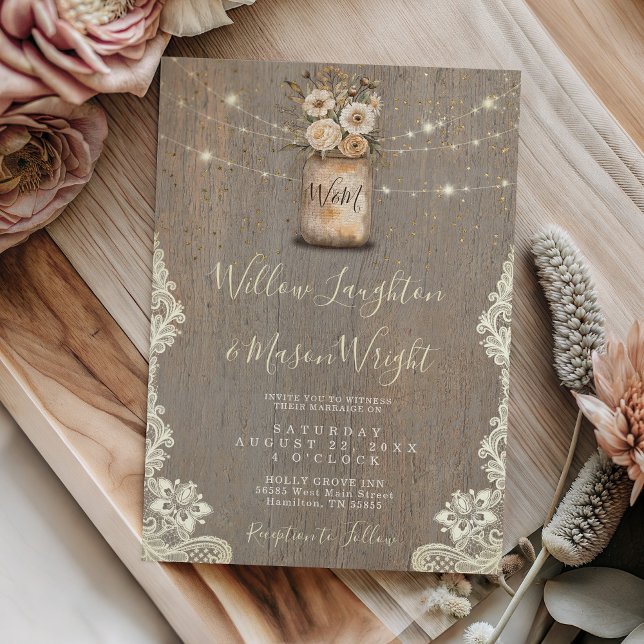 Convites Rustic Floral Mason Jar String Lights Wood Wedding (Rustic Floral Mason Jar String Lights Wood Wedding Invitation)