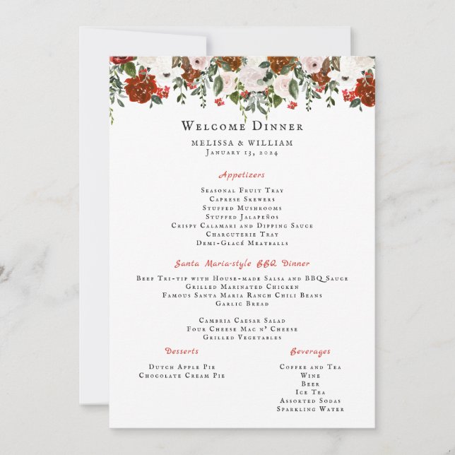 Convites Rustic Floral | Menu de Casamento Boho Botânico  (Frente)