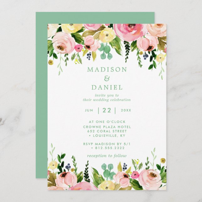 Convites Rustic Floral Pink E Mint Green Casamento (Frente/Verso)
