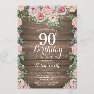 Convites Rustic Floral Pink Peonies 90 Aniversário