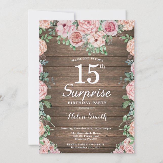 Convites Rustic Floral Pink Surprise 15 Aniversário (Frente)