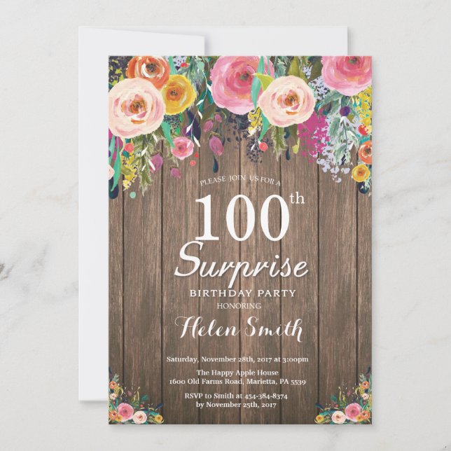 Convites Rustic Floral Surprise 100th Aniversário (Frente)