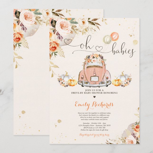 Convites Rustic Floral Twin Pumpkin Drive Por Chá de fralda (Frente/Verso)