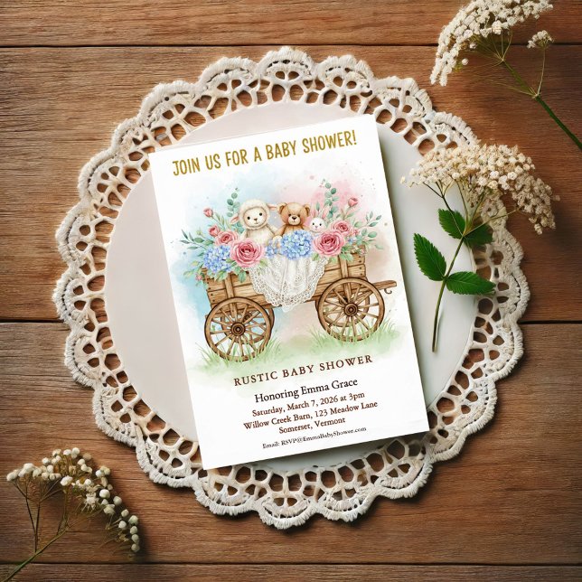 Convites Rustic Floral Wagon Baby Shower Invitation (Criador carregado)