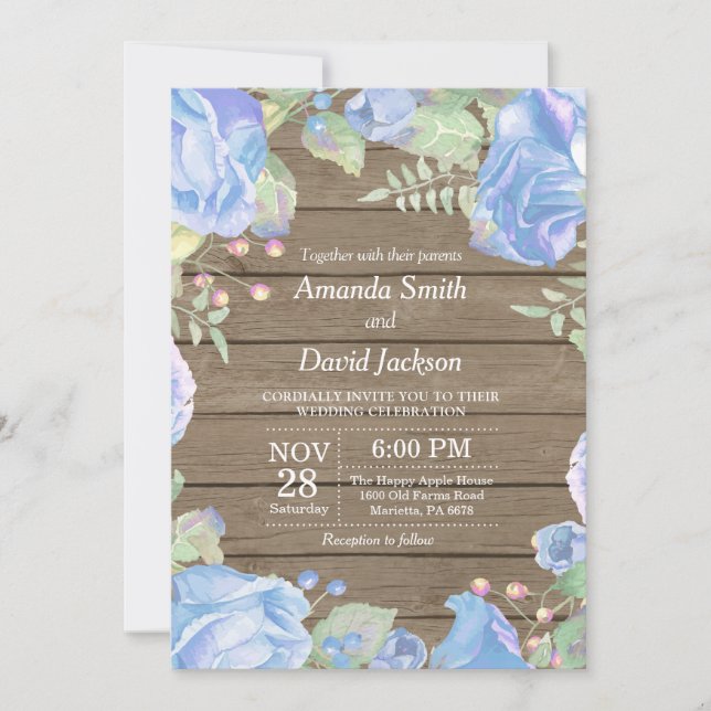 Convites Rustic Floral Wedation Invitation Blue Watercolor (Frente)