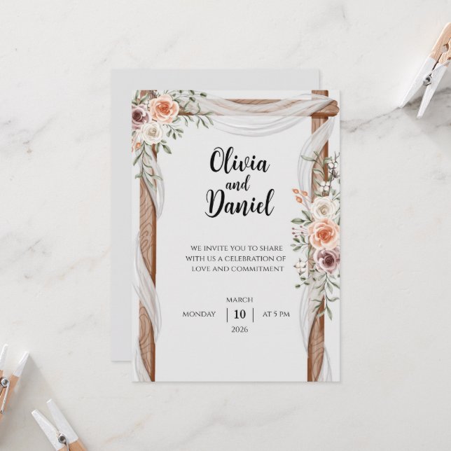 Convites Rustic Floral Wedding Invitation with Wooden Arch (Frente/Verso In Situ)