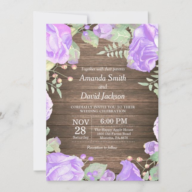 Convites Rustic Floral Weding Invitation Purple Watercolor (Frente)