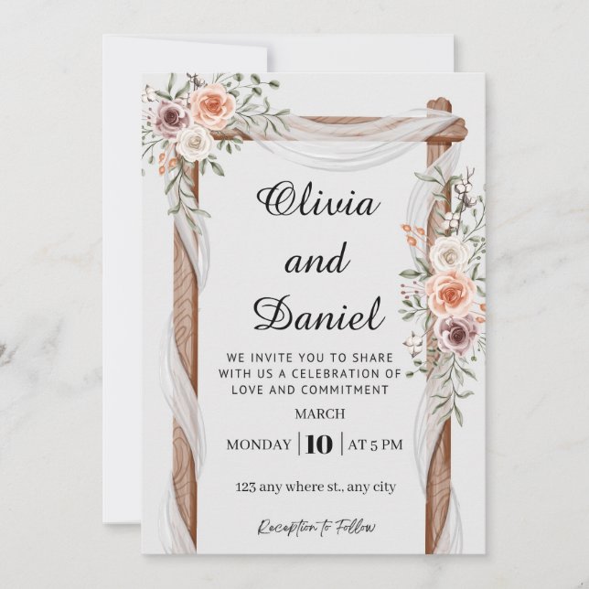 Convites Rustic Floral Wood Arch Wedding Invitation (Frente)