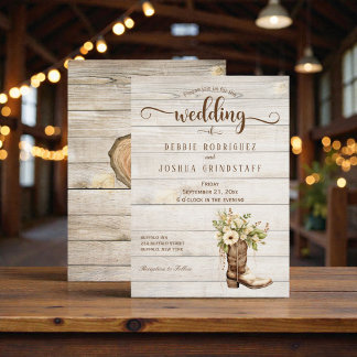 Convites Rustic Flower Boot on Wood Wedding Invitation