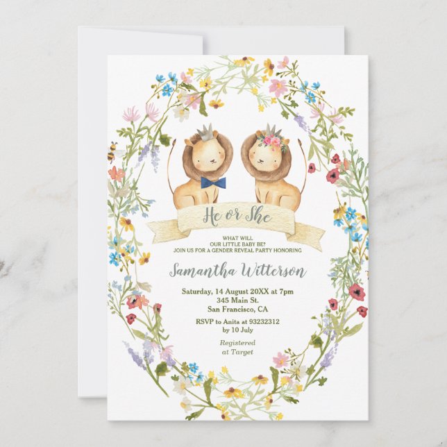 Convites Rustic Flowers Ele ou Ela Lion Gênero Revela (Frente)