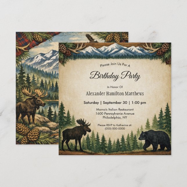 Convites Rustic Forest Birthday Party  (Frente/Verso)